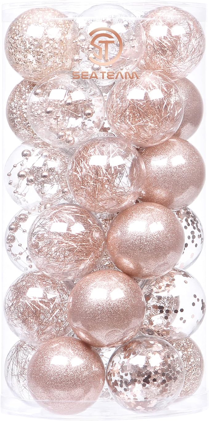 Sea Team Shatterproof Clear Plastic Christmas Ball Ornaments Decorative Xmas Balls Baubles Set with Stuffed Delicate Decorations (60mm/2.36''/30-Pack, Rose Gold)