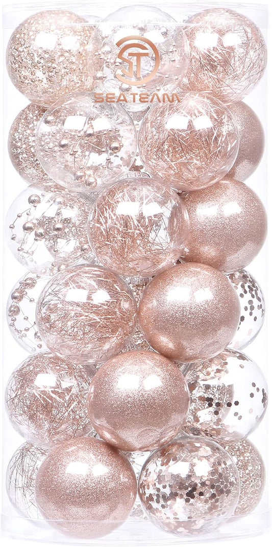 Sea Team Shatterproof Clear Plastic Christmas Ball Ornaments Decorative Xmas Balls Baubles Set with Stuffed Delicate Decorations (60mm/2.36''/30-Pack, Rose Gold)