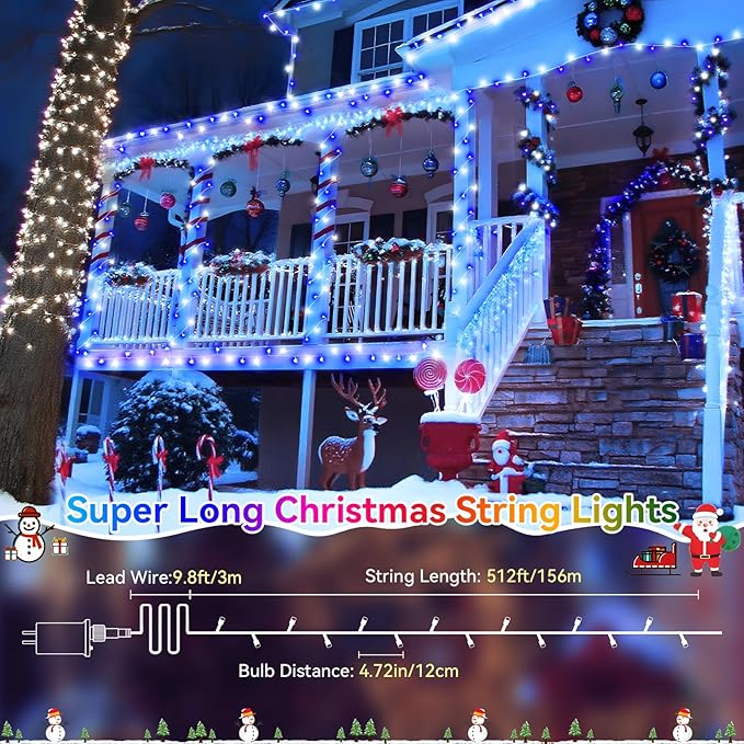 Heceltt Christmas Lights Outdoor, 522FT 1300 LED String Lights with 8 Lighting Modes, Timer Memory Twinkle Fairy Lights Waterproof Plug in for Xmas Tree Wedding Party Holiday Decor(Blue and White)