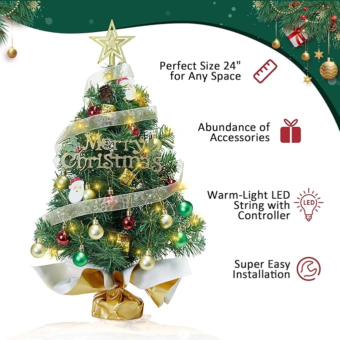 Small Mini Christmas Tree with 50 LED Lights 24 Inch /2FT Tabletop Prelit Artificial Christmas Tree Decorated Gift Boxes and Hanging Ornaments for DIY Christmas Decoration