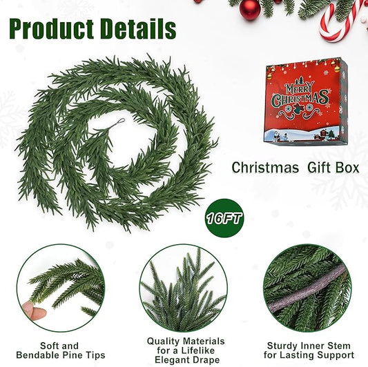 Realistic Thick and Lush Christmas Garland for Mantle Christmas Decorations Indoor 16FT Real Touch Artificial Pine Garlands for Stairs Railing Outdoor Fireplace Table Xmas Holiday Decor Greenery