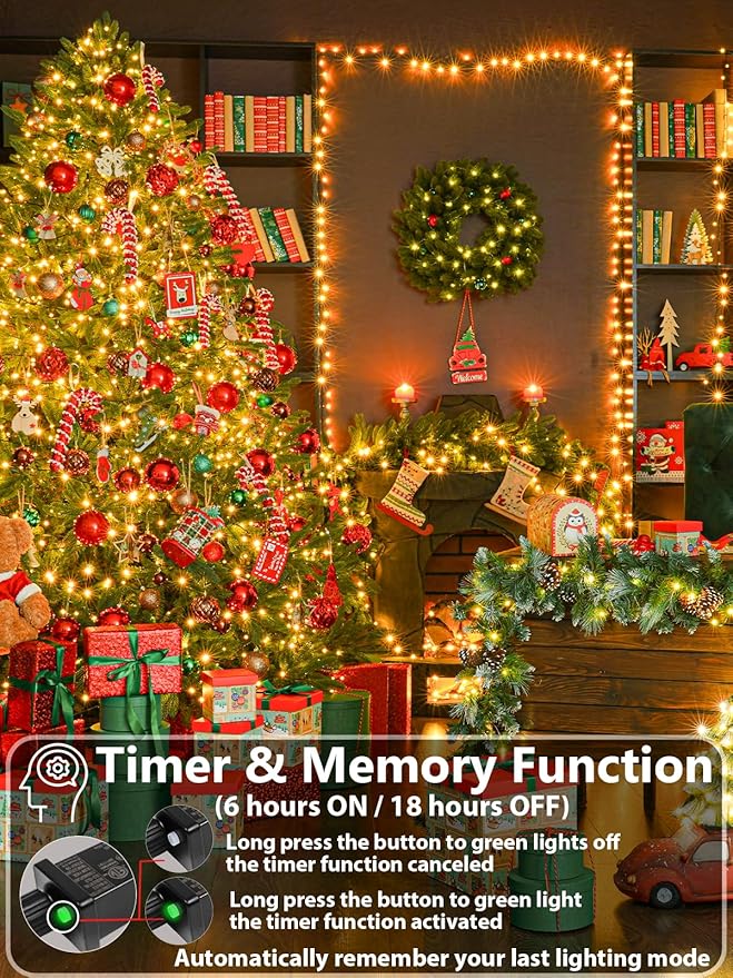 Upgraded 75.8 FT 200 LED Christmas String Lights Outdoor/Indoor, Timer & Memory Function & 8 Modes, Extendable Green Wire Waterproof Fairy String Lights for Xmas Tree Holiday Party Garden (Warm White)