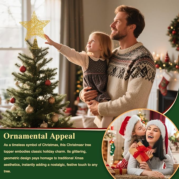 Christmas Tree Topper, 10" Glittering Xmas Star Treetop for Holiday Indoor Ornament Christmas Tree Decoration(Gold)