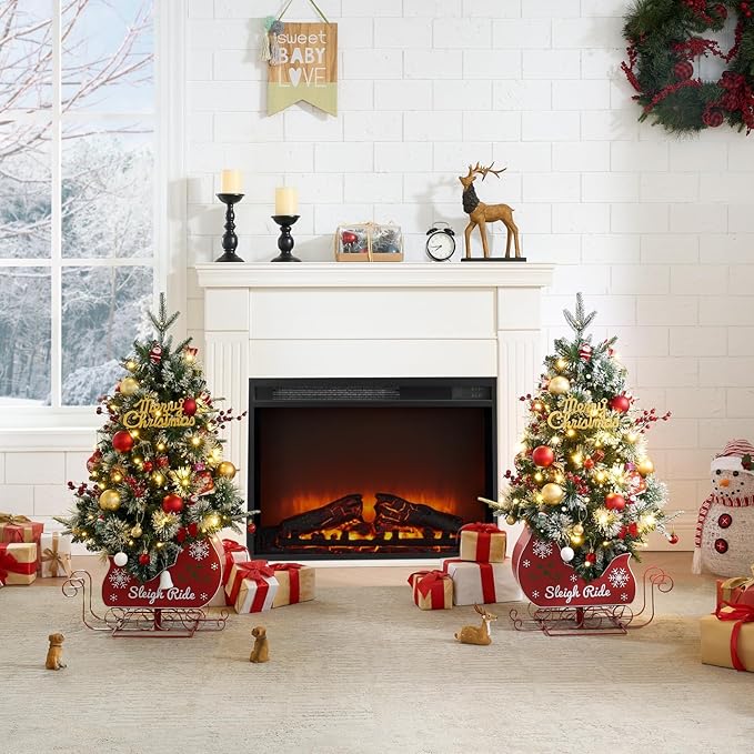 3FT Small Christmas Tree, Artificial Christmas Tree with 78 LED Lights & Bobsleigh Base, Prelit Mini Tree for Christmas Decor,Tabletop Christmas Tree, 8 Modes Remote Control, Timer Battery Operated