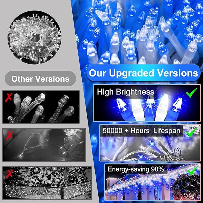 810 LED Christmas Lights with 180 Drops, 82ft 12 Modes Blue and White Fairy String Lights with Timer Dimmable, Waterproof Twinkle Lights for Christmas Indoor Outdoor Holiday Wedding Party Eaves Decor