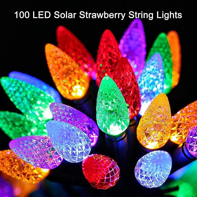 Solar String Strawberry Lights Outdoor 2 Pack 200 LED 80Ft Multi-Color Christmas Fairy Lights with 8 Lighting Modes, Waterproof Solar Lights Outdoor for Garden Christmas Wedding Xmas Tree Decoration