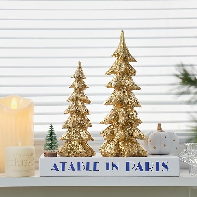 2Pcs Gold Christmas Tree Figurines, Resin Christmas Trees with Weathered Finish, Small Decorative Tabletop Trees for Mantel, Modern Holiday Home Decor for Living Room, Office, Festive Centerpiece