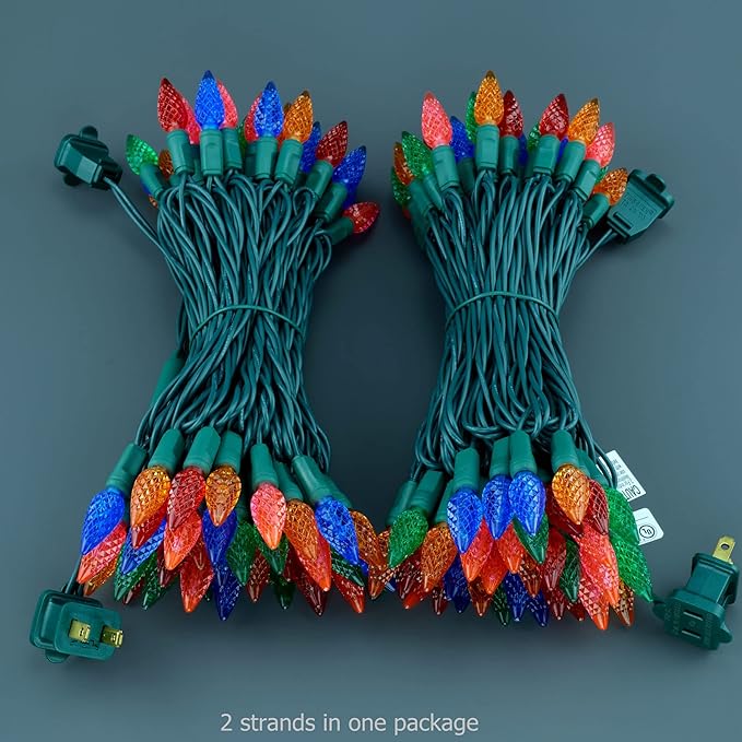 YULETIME Multicolor One-Piece C6 Strawberry Christmas Lights 140 Count 71 Feet, 2 Sets 70 LED 35.5 ft High Waterproof UL Certified String Light (Multicolor)