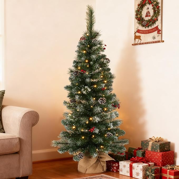 4ft Prelit Christmas Tree, Small Artificial Christmas Tree w/ 70 Warm White Lights, 122 Branch Tips, Easy Assembly, Xmas Decoration for Home, Office, Porch, Entryway, Holiday Party