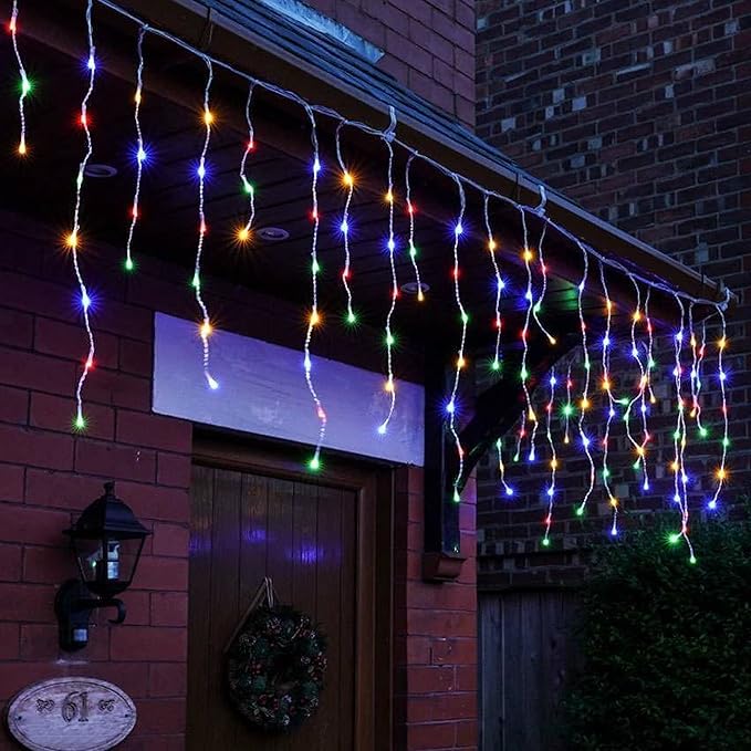 Dazzle Bright Christmas Icicle Lights, 8 Modes Curtain Fairy Lights with Drops, Connectable Xmas String Lights for Outside Holiday Wedding Party Decorations (Multi-Colored, 360 LED)