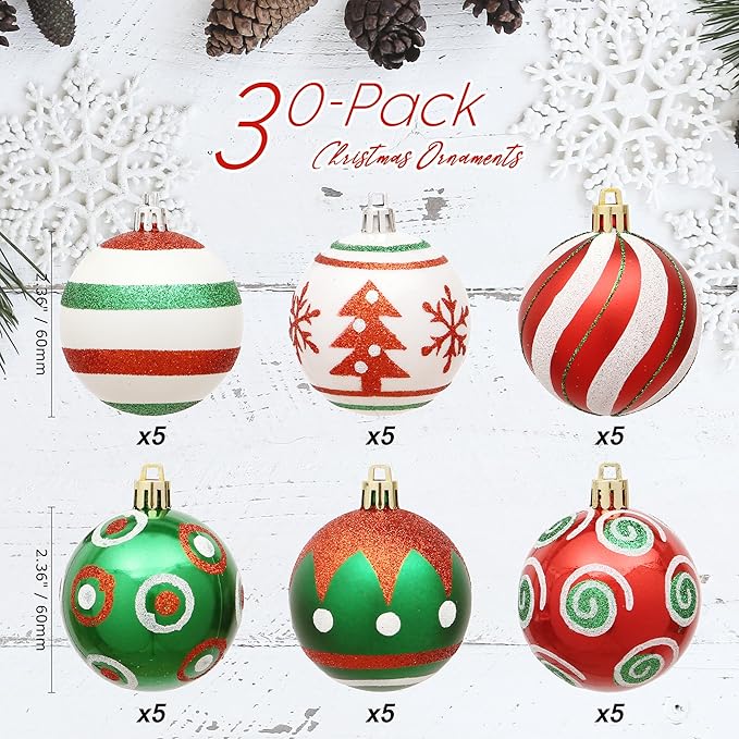 Sea Team 60mm/2.36" Set of Colorful Painted Sparkling Ornaments and Hanging Baubles for Christmas Tree - 30 Pieces