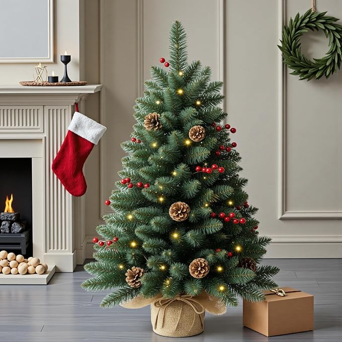 4ft Prelit Artificial Small Christmas Tree with Warm White Multi-Color LED Lights, Remote Control and Timer Operated, Metal Stand Red Berries & Pine Cone Slim Pencil Decoration for Indoor/Outdoor