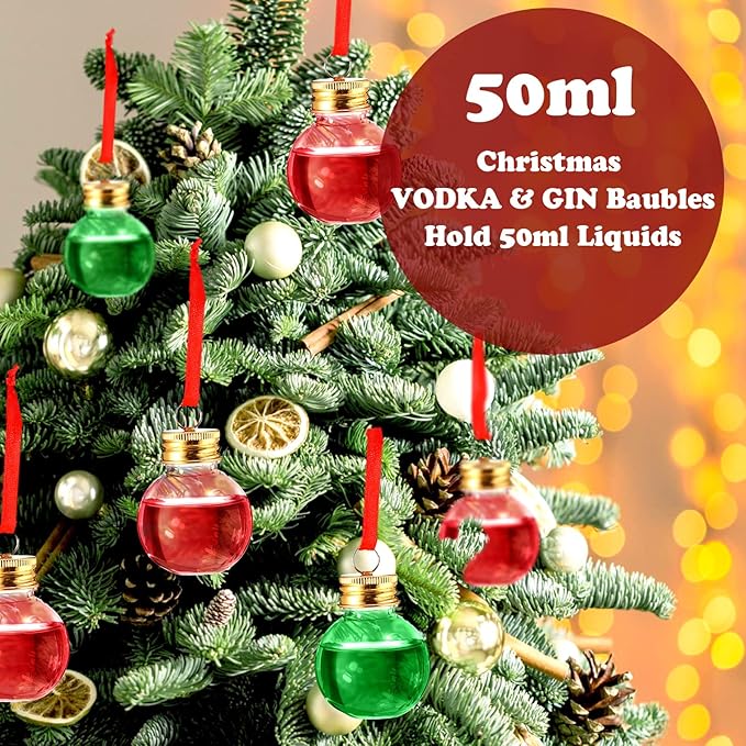Patelai 18 Pcs Christmas Drink Balls Shot Glass Ornament Plastic Fillable Christmas Tree Ornaments Xmas Water Bottle Bulbs for Holiday Party Indoor Outdoor (Green,Rose with Gold Lid)