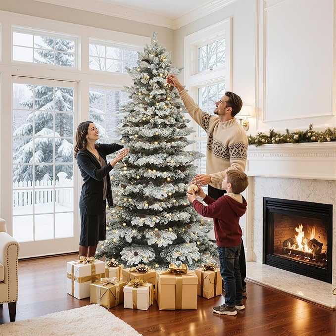 GOOBED 9FT Pre-Lit Flocked Spruce Christmas Tree with 820 Lights & 1818 Tips, Pre-Decorated Mountain Pine Layered Spruce Christmas Tree w/Remote, 11 Modes & 3 Timers for Home, Porch & Holiday Decor