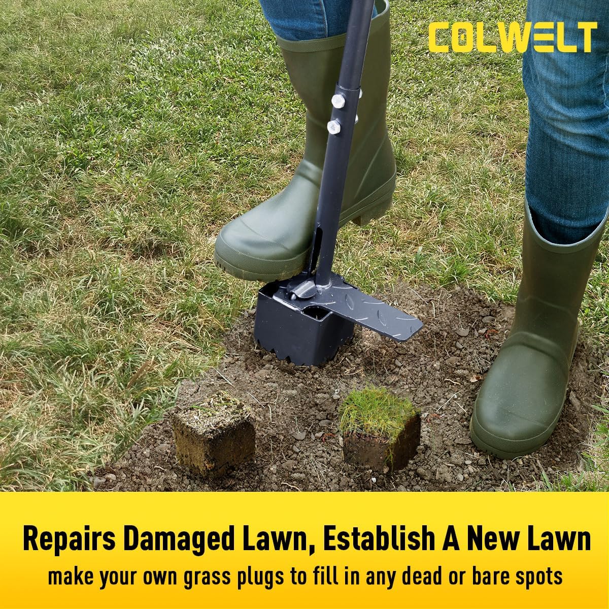 Colwelt Sod Plugger Tool 36-INCH, Grass Plug Tool 3 x 3 Square with Serrated Base, Long Handle Bulb Planter Tool with Dual Pedals & Easy Foot Ejector, Sod Turf Cutter for Lawn Planting Grass Repair