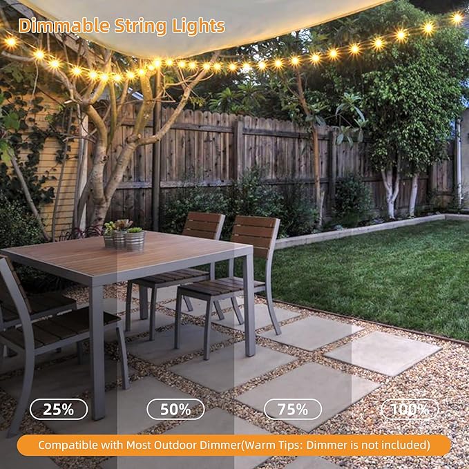 50FT Outdoor String Lights LED Patio Lights String with 25Pcs Shatterproof Diamond Bulbs IP65 Waterproof Heavy Duty LED Porch String Lights for Outside Porch Yard Garden Party Bistro