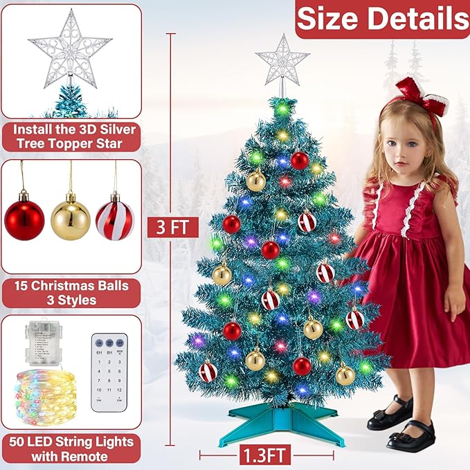 [ 12 Modes & Timer ] 3 Ft Blue Christmas Tree with 50 LED Lights, 15 Hanging Balls, 3D Star Topper Battery Operated Prelit Small Christmas Tree Indoor Home Table Holiday Xmas Christmas Decorations