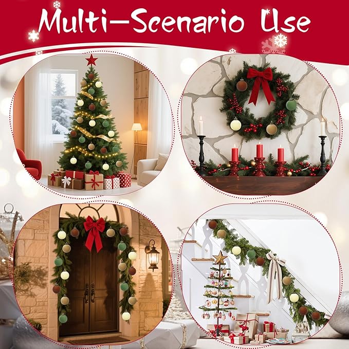 12 Pcs Velvet Christmas Balls Bulk Shatterproof Plastic Christmas Tree Decorations for Decorative Hanging Baubles (12, Brown、Green、Beige、Khaki, 3.94Inch)