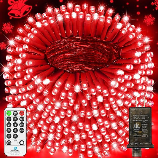 JXLEDAYY 403 FT 1000 LED Christmas Lights Outdoor Fairy Lights Plug in Extra Long String Lights Clear Wire Waterproof 8 Modes Timer for Outside House Tree Garden Yard Wedding Party Decorations-Red