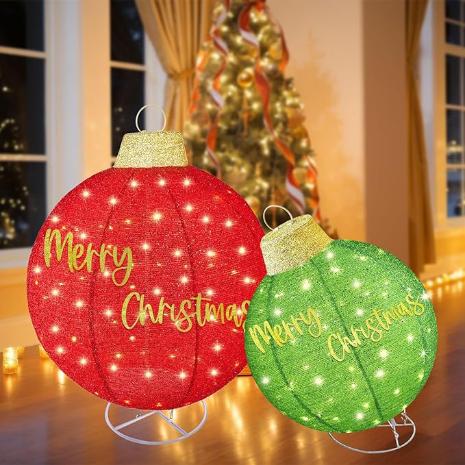 HOYECHI 2pc Lighted Pop-Up Outdoor Christmas Ornament Set – Holiday Ball Decorations with 200 LED Lights, 8 Lighting Modes, for Yard & Outdoor Christmas Decor - Red/Green
