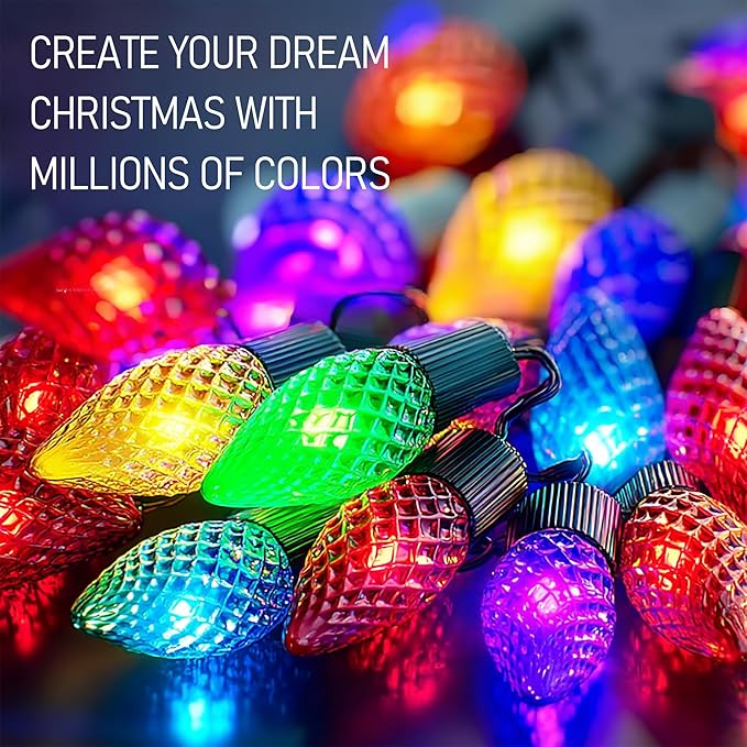 Dazzle Bright Smart C9 Christmas Outdoor Lights, 100 LED 66 FT RGB String Light with Remote, App Control, Music Sync, Connectable Waterproof Xmas Lights for Holiday Tree Patio Roof Decor