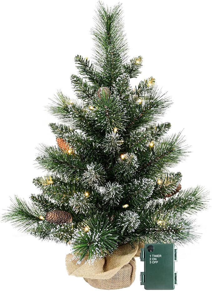 30 Led Warm Lights Pre-Lit Artificial Mini Christmas Tree, 2ft Snow Tipped Pine Artificial Christmas Tree,Seasonal Indoor Home Decor with Decorative Burlap Base