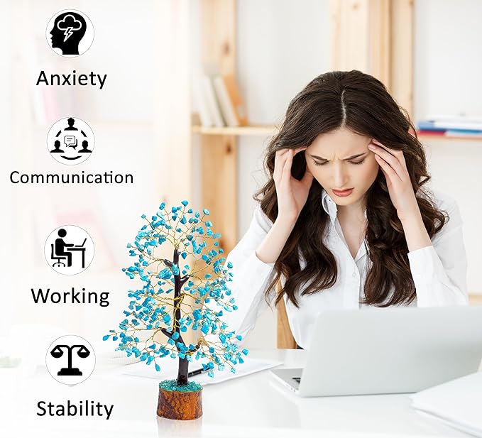 Crocon Turquoise Gemstone Tree Feng Shui Figurine Money Bonsai Good Luck Chakra Balancing Reiki Healing Crystals Decoration Ornament Sculpture Prosperity Table Decor Gift Size 10-12"""