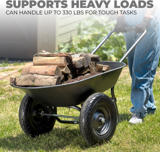 XtremepowerUS Utility Garden Wheelbarrow Garden Cart Dual-Wheel Built-in Stand Flat-Free 16" Tires 330 LBS Capacity 5 cu/ft. Metal Tray