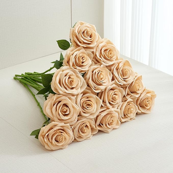 15pcs Fake Roses Artificial Silk Flowers Faux Rose Flower Long Stems Bouquet for Arrangement Wedding Centerpiece Party Home Kitchen Decor