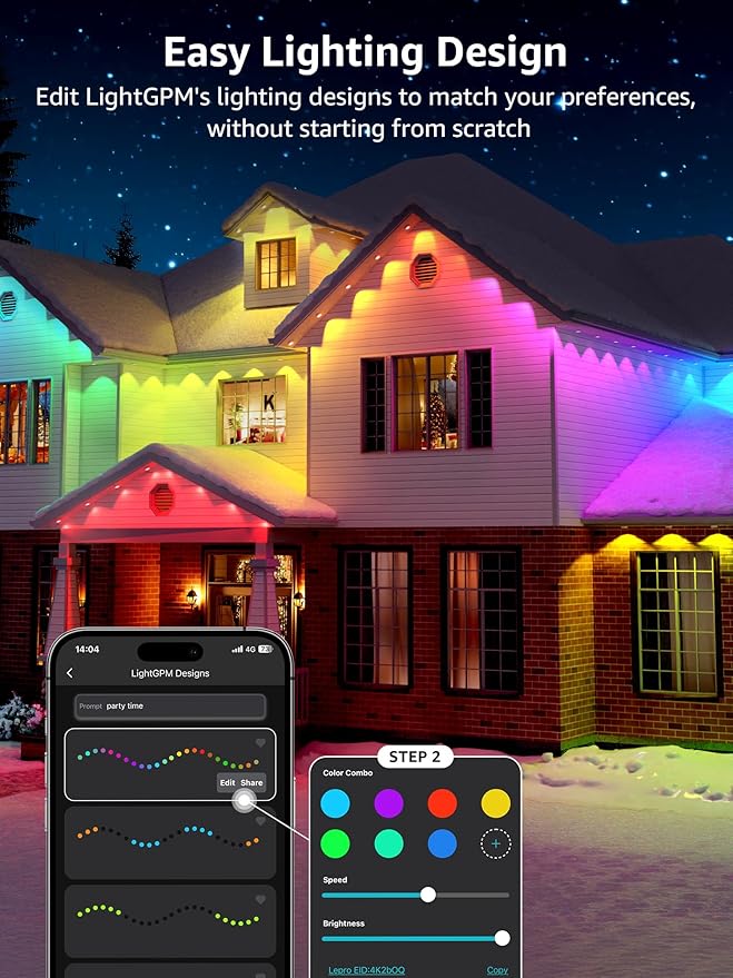 Lepro E1 AI Permanent Outdoor Lights APP Control, 50ft 30 LED Smart RGB+IC+Warm/Cool White House Eave Light for Halloween Christmas, Alexa Google Enabled, 2.4 GHz WiFi/Bluetooth, NO Remote Controller