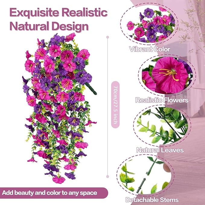 Rich and Eye-catching 5 PCS Artificial Hanging Flowers，Silk Morning Glory Faux Flowers with Eucalyptus Leaves,uv Resistant Fake Hanging Petunias Plants for Yard Decoration(Purple Red)
