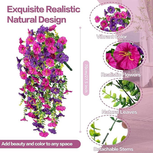 Rich and Eye-catching 5 PCS Artificial Hanging Flowers，Silk Morning Glory Faux Flowers with Eucalyptus Leaves,uv Resistant Fake Hanging Petunias Plants for Yard Decoration(Purple Red)