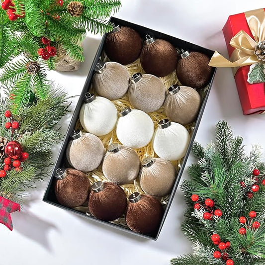 Christmas Ball Ornaments, 15 Pcs White & Coffee Ornaments with Velvet, Multicolor Xmas Decorations for Christmas Tree Holiday Decor