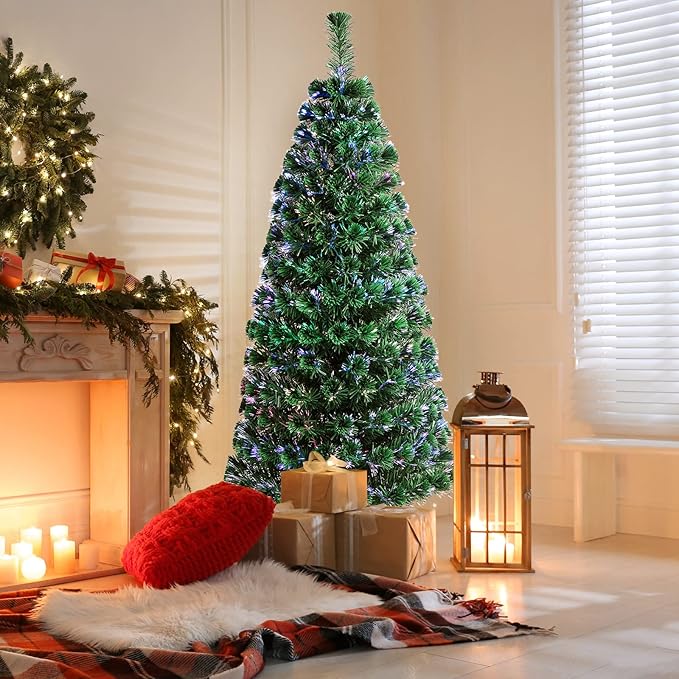 HAPPYGRILL 6FT Fiber Optic Christmas Tree Pre-Lit Artificial Christmas Tree Green Xmas Tree with LED Lights for Indoor Outdoor Festival Decor