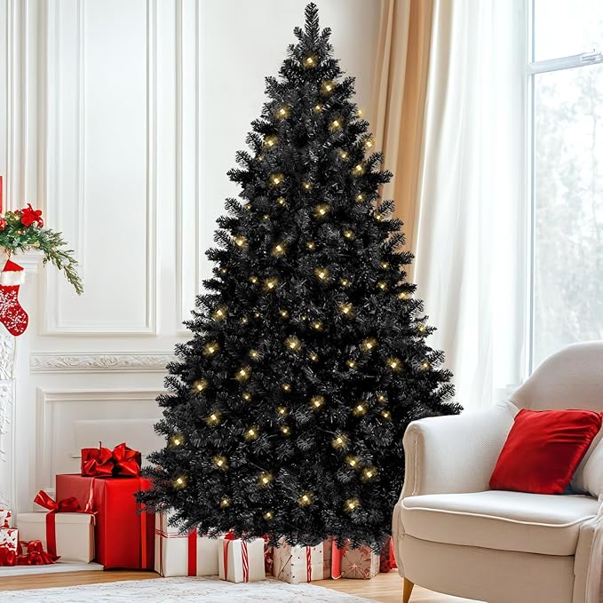 Annecy 6ft Pre-Lit Christmas Tree, Black Artificial Full Spruce Christmas Tree for Home, Office, Party Decoration w/ 970 Branch Tips, 250 Warm White & Multi-Color Lights, Metal Hinges & Base,Black 6ft