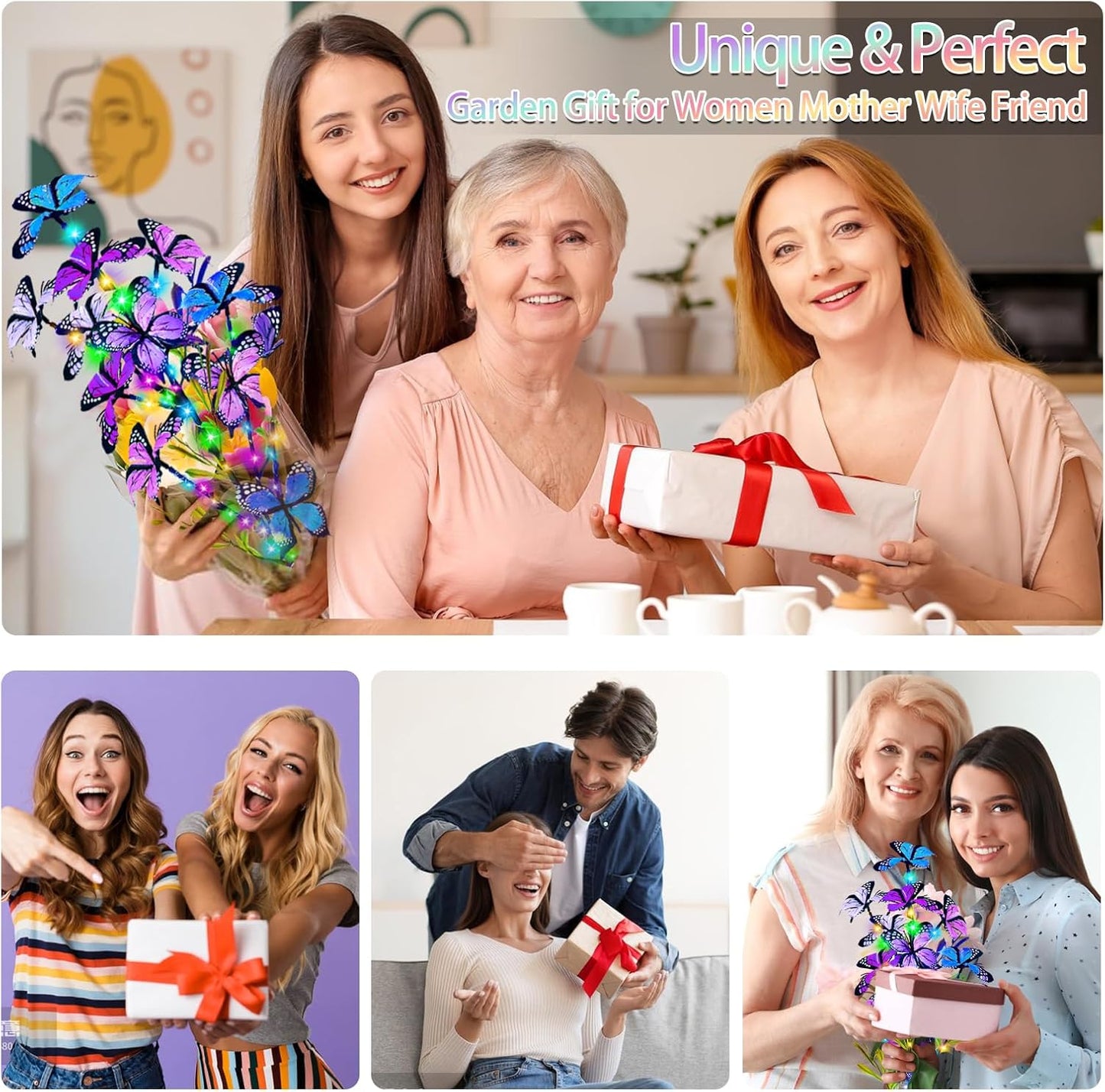 Solar Garden Lights Outdoor, Waterproof 4 Pack Solar Butterfly Lights with 60 LED 12 Butterfly Colorful Lighting for Garden Yard Lawn Outdoor Decor, Gift for Mom Women Mother's Day