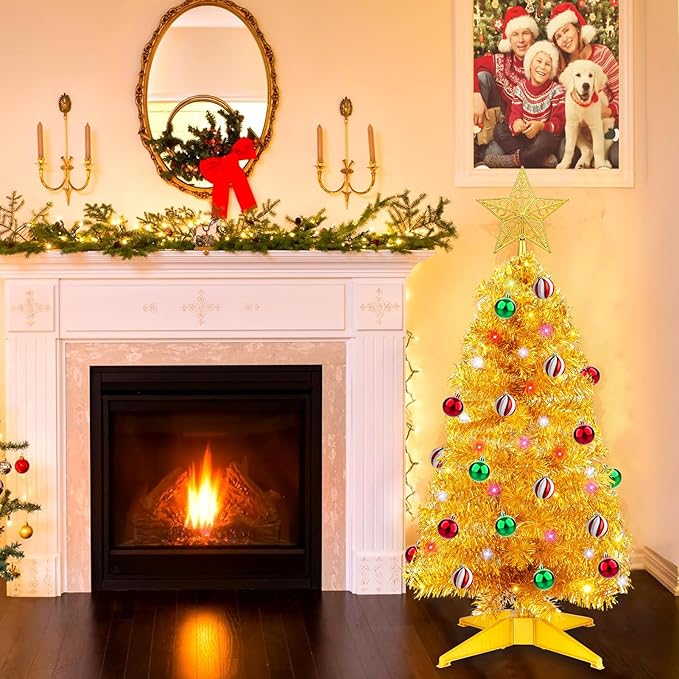 3 FT Small Artificial Christmas Tree with 50 Warm White & Multicolor Lights 15 Ball Ornaments Full Mini Xmas Tree for Tabletop Indoor Home Office Table Desk Holiday Decoration Gold