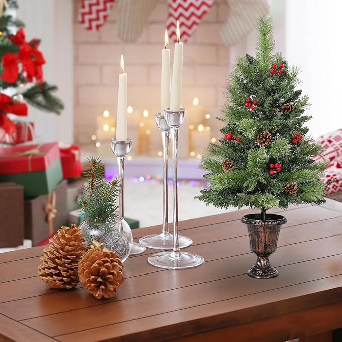 GarveeHome 3 Ft Artificial Mini Christmas Tree, Tabletop Christmas Tree with 70 LED Warm Lights, Mini Xmas Tree with Pine Cone & Red Berry for Tabletop, Home, Office, Holiday, Indoor and Outdoor Decor