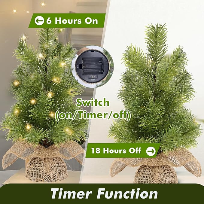 13 Inch Mini Christmas Tree with Lights, 2 Pack Prelit Tiny Xmas Trees,Battery Operated with Timer for Tabletop Desk Indoor Fireplace Office