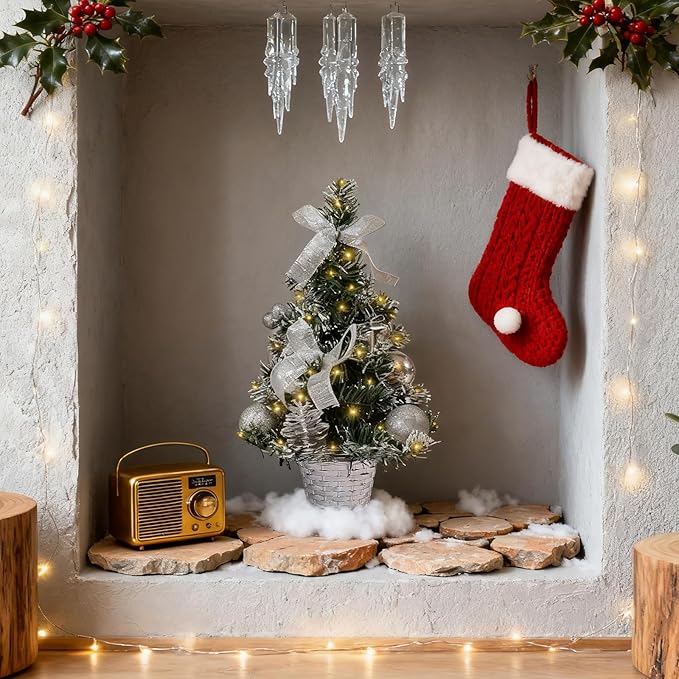 Tabletop Christmas Tree 11.81Inches Mini Artificial Christmas Tree with LED String Lights, Tabletop Small Xmas Tree for Holiday Indoor Christmas Decorations Silver