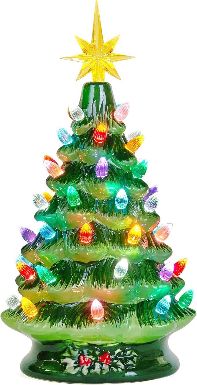 Joiedomi 12" Ceramic Christmas Tree, Table Top Christmas Tree with Flower Leaf, Vintage Pre-lit Xmas Decor with LED Lights, Battery Operated Hand-Painted Xmas Decorations Indoor Home