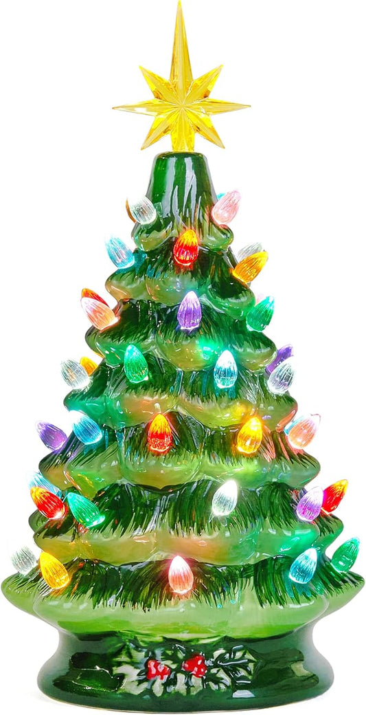 Joiedomi 12" Ceramic Christmas Tree, Table Top Christmas Tree with Flower Leaf, Vintage Pre-lit Xmas Decor with LED Lights, Battery Operated Hand-Painted Xmas Decorations Indoor Home