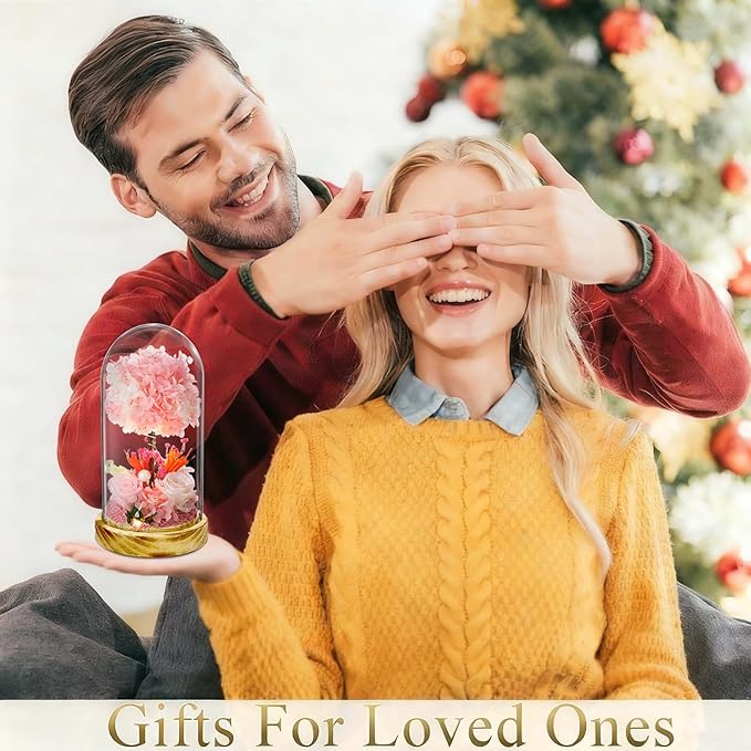 Christmas Preserved Flower Gifts with LED Lights, Pink Hydrangea and Rose Arrangement on Wood Base, 8 x 5.2 Inches, Battery Operated, No Watering Required Home Decor,All Occasions and All Festivals