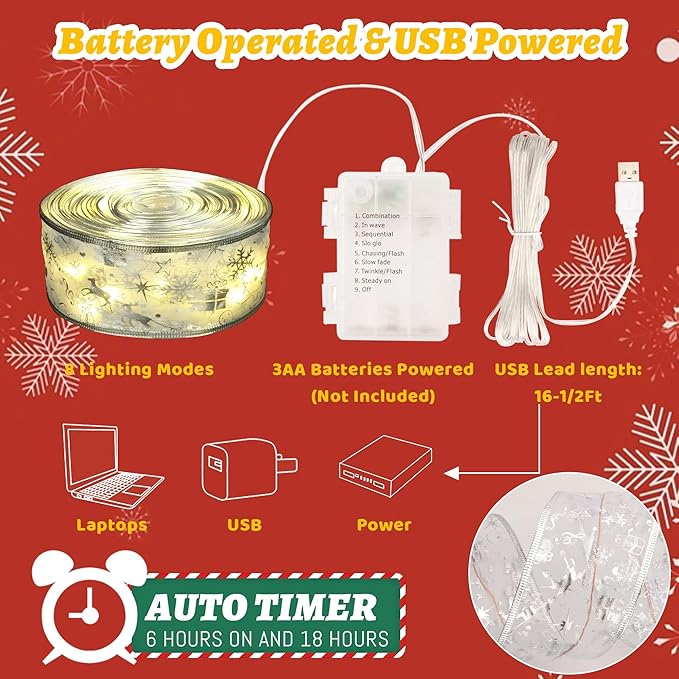 Christmas Decorations, 2.5Inch x 33Ft 100 Led Christmas Tree Ribbon Lights with Remote Control, Battery Operated & USB Powered 8 Lighting Modes Fairy String Lights with Timer for Xmas Decor