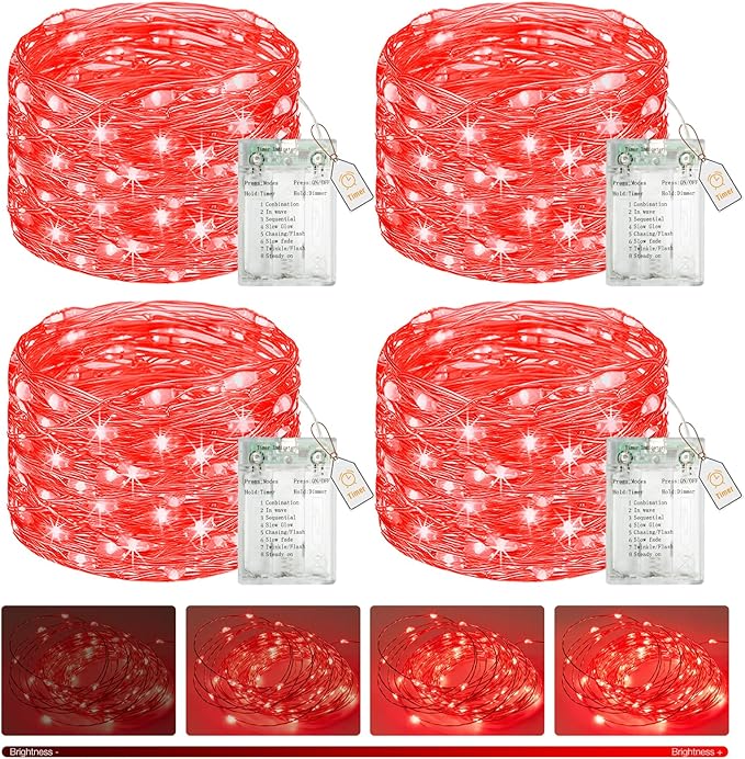 btfarm 4 Pack Fairy Lights Battery Operated with Timer, 16.4 FT 50 LED Silver Wire Twinkle String Lights 8 Modes Dimmable Waterproof for Indoor Christmas Bedroom Wedding Decorations, Red