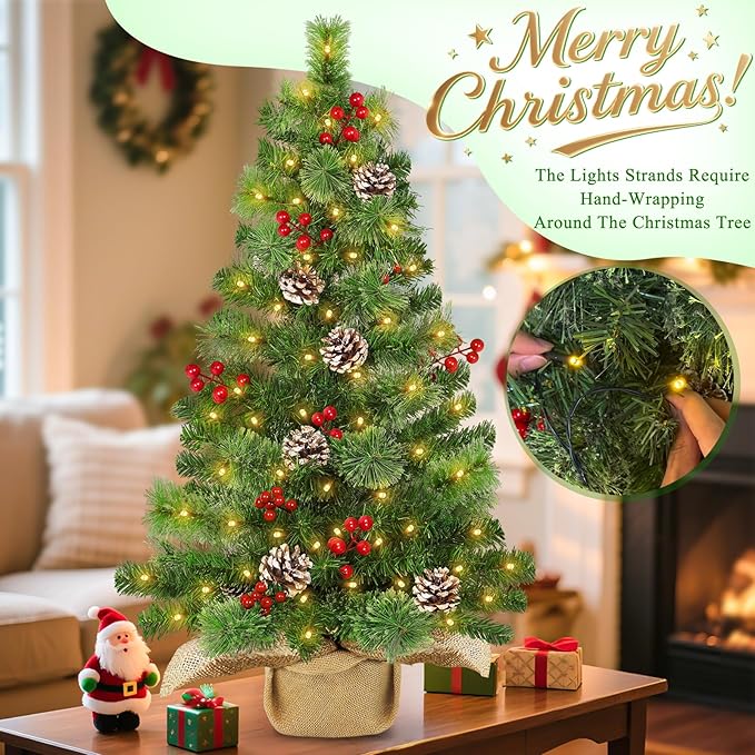 Timer - 3FT Christmas Tree with Lights, Real Touch Small Table top Christmas Tree 50 Warm White LED,100 Smoky Pine Branches Pinecone Berry,Burlap Base Artificial Mini Cedar Xmas Tree Indoor Home Decor