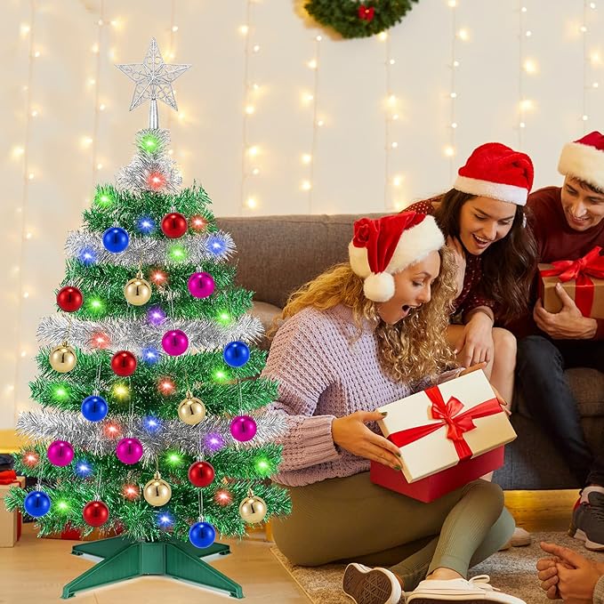 [ 12 Modes & Timer ] 3 Ft Green & Silver Small Christmas Tree with 50 LED Lights, 20 DIY Ornaments, Battery Operated Prelit Christmas Tree Indoor Home Fireplace Holiday Xmas Christmas Decorations