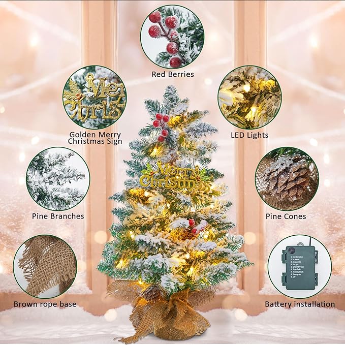 Small Mini Table top Flocked Christmas Tree with 50 LED Lights 24 Inch /2FT Little Prelit Christmas Tree Decorated Gift Boxes and Hanging Ornaments for DIY Christmas Decoration