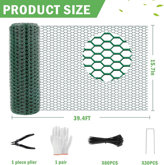 39.4Ft x 16In Plant Protectors from Animals, Plant Cages for Outdoor Plants, Free-Cut Metal Mesh Plant Covers Guards Fence Chicken Wire Cloche with Ground Stakes & Ties to Keeping Bunny Animals Out