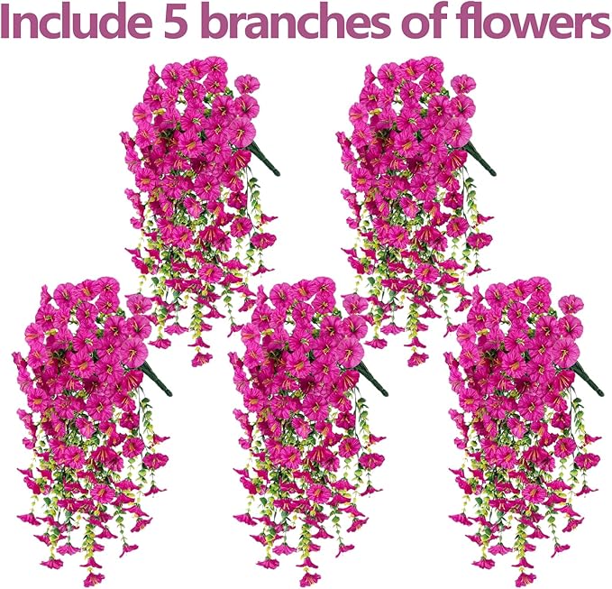 Rich and Eye-catching 5 PCS Artificial Hanging Flowers，Silk Morning Glory Faux Flowers with Eucalyptus Leaves,uv Resistant Fake Hanging Petunias Plants for Yard Decoration(Fuchsia)